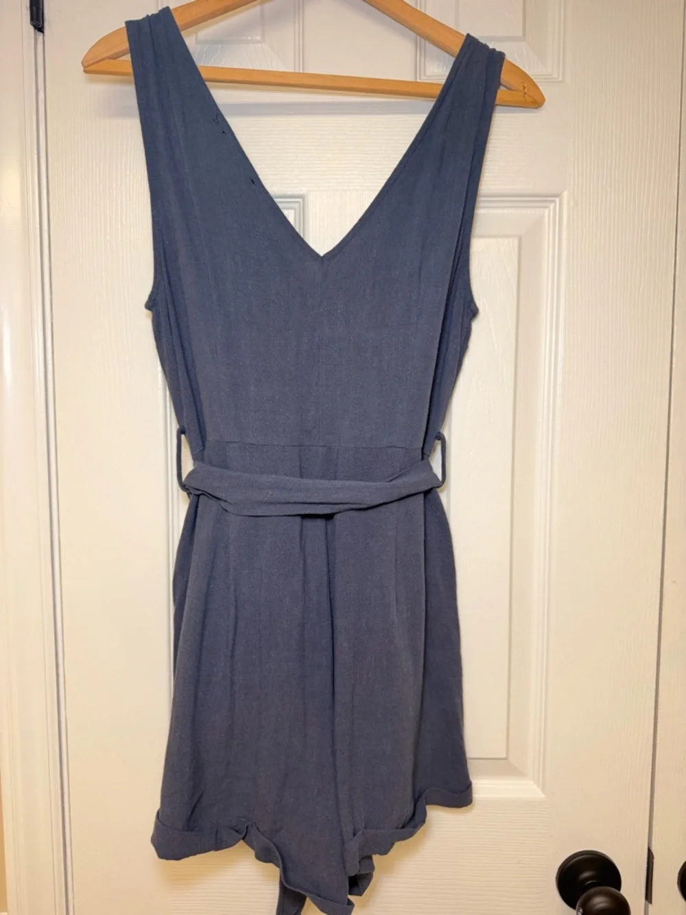 VICI Linen Blend Romper Blue Button Front Tie Waist Pocketed Boho Summer Small - Picture 8 of 11
